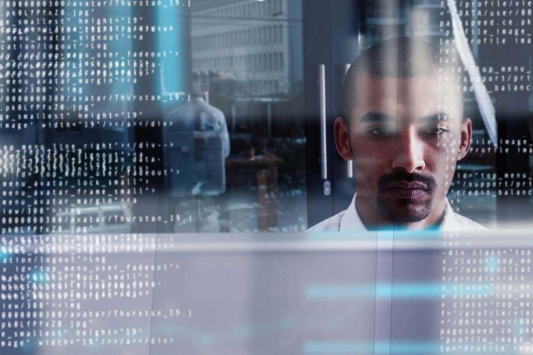 man with a beard looking at a computer screen